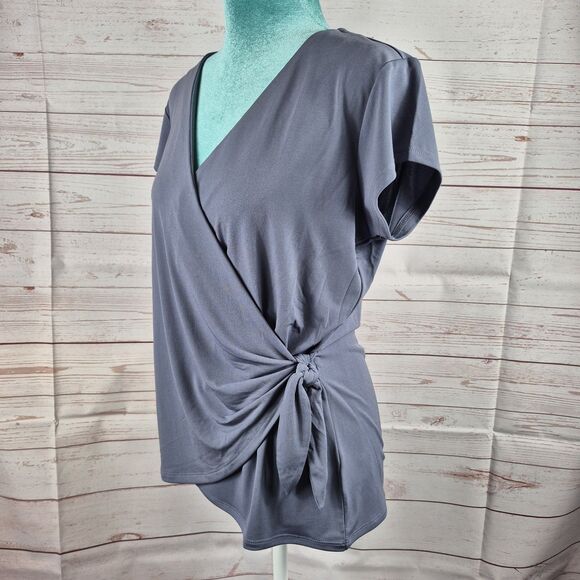 Tahari Faux Wrap Stretch Side Tie Blouse Size Medium Steel Blue Coquette Office - Picture 7 of 14